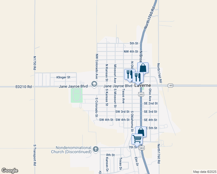 map of restaurants, bars, coffee shops, grocery stores, and more near 417 Jane Jayroe Boulevard in Laverne