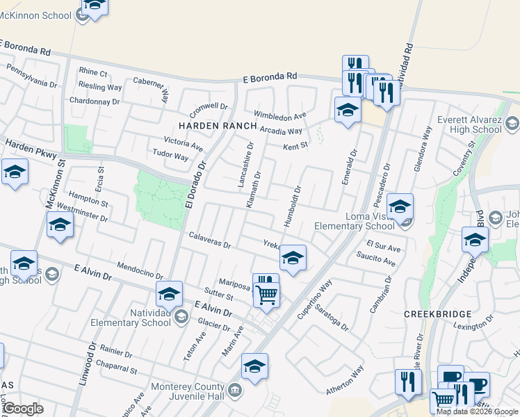 map of restaurants, bars, coffee shops, grocery stores, and more near 1719 Siskiyou Drive in Salinas