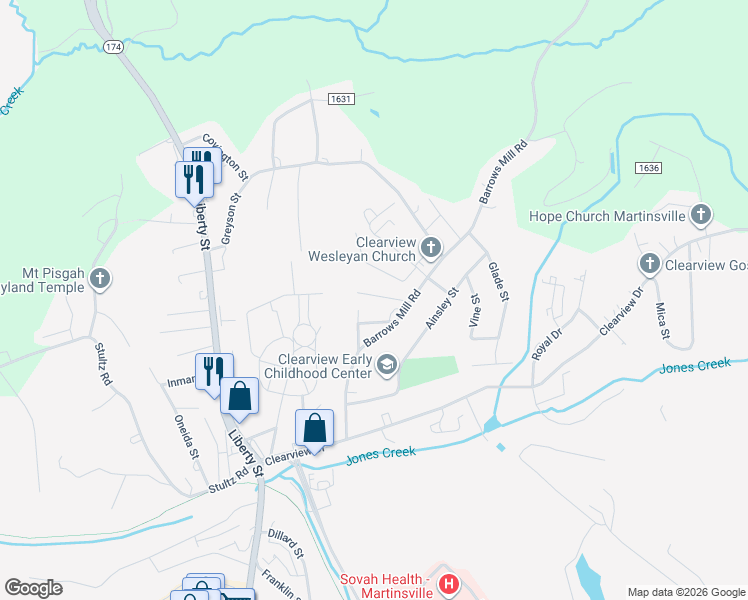 map of restaurants, bars, coffee shops, grocery stores, and more near 108 Roselawn Heights in Martinsville