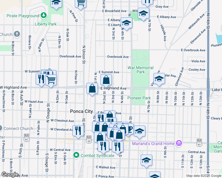 map of restaurants, bars, coffee shops, grocery stores, and more near 612 North 3rd Street in Ponca City