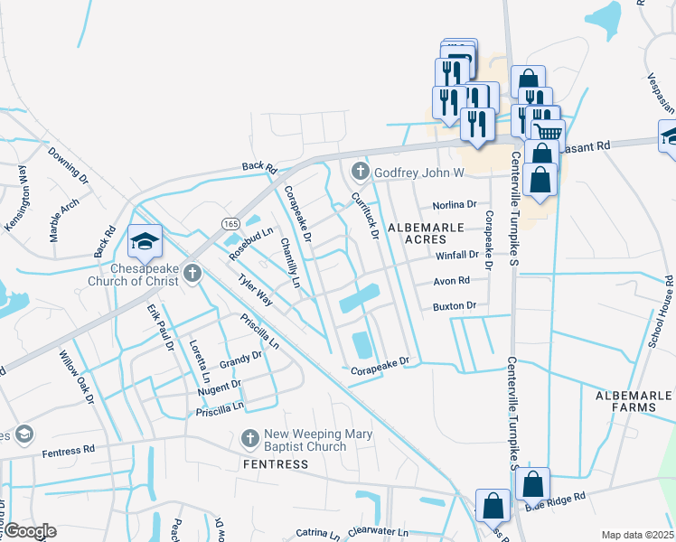 map of restaurants, bars, coffee shops, grocery stores, and more near 1309 Croatan Court in Chesapeake