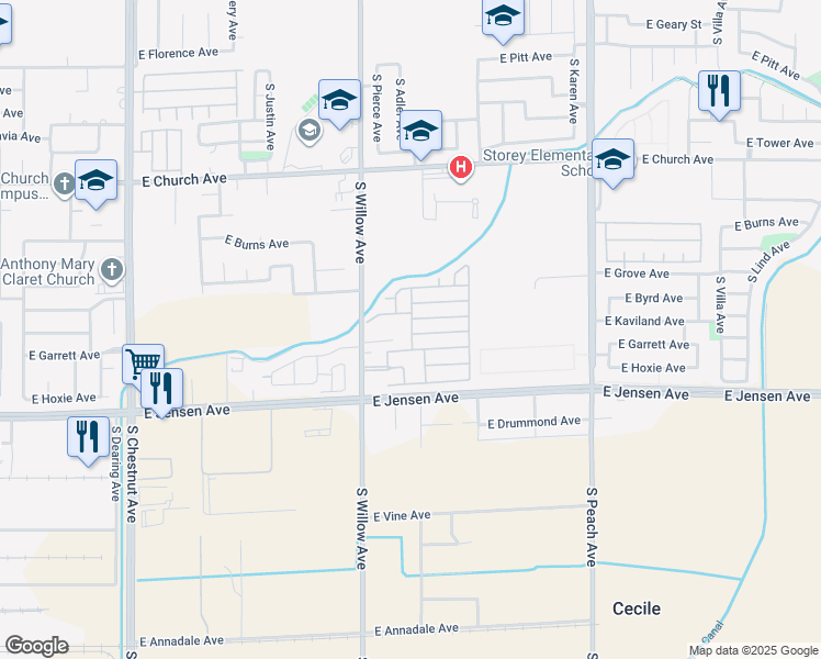 map of restaurants, bars, coffee shops, grocery stores, and more near 15 Kings View Drive in Fresno