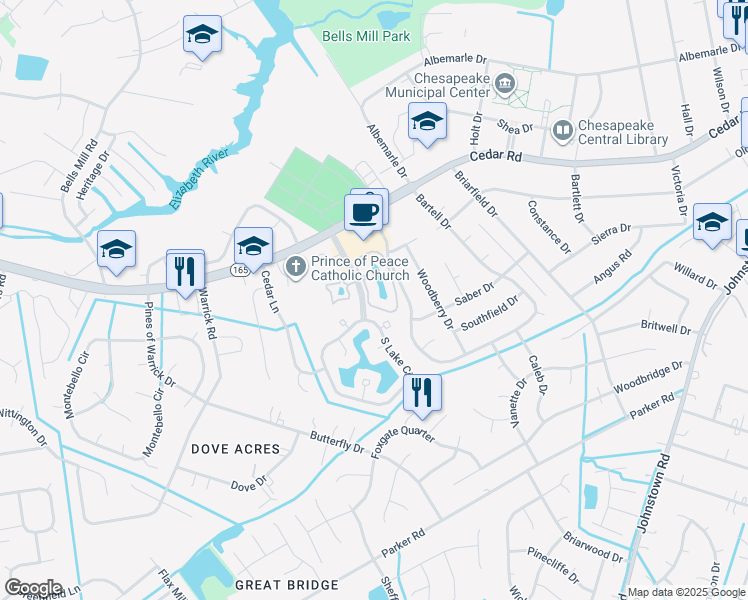 map of restaurants, bars, coffee shops, grocery stores, and more near 529 East Lake Circle in Chesapeake