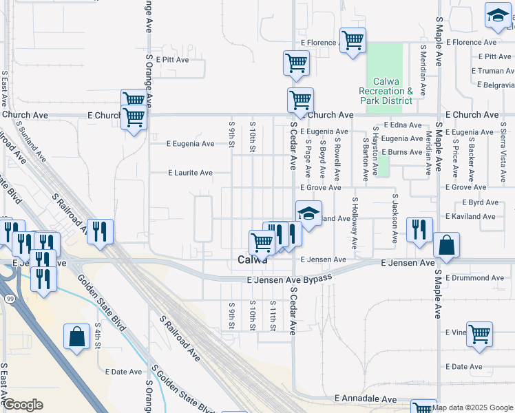 map of restaurants, bars, coffee shops, grocery stores, and more near 2525 South 10th Street in Fresno