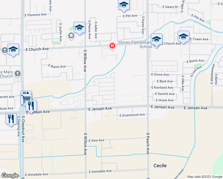 map of restaurants, bars, coffee shops, grocery stores, and more near 166 Briarcliff Boulevard in Fresno