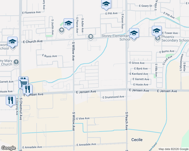 map of restaurants, bars, coffee shops, grocery stores, and more near 166 Briarcliff Boulevard in Fresno