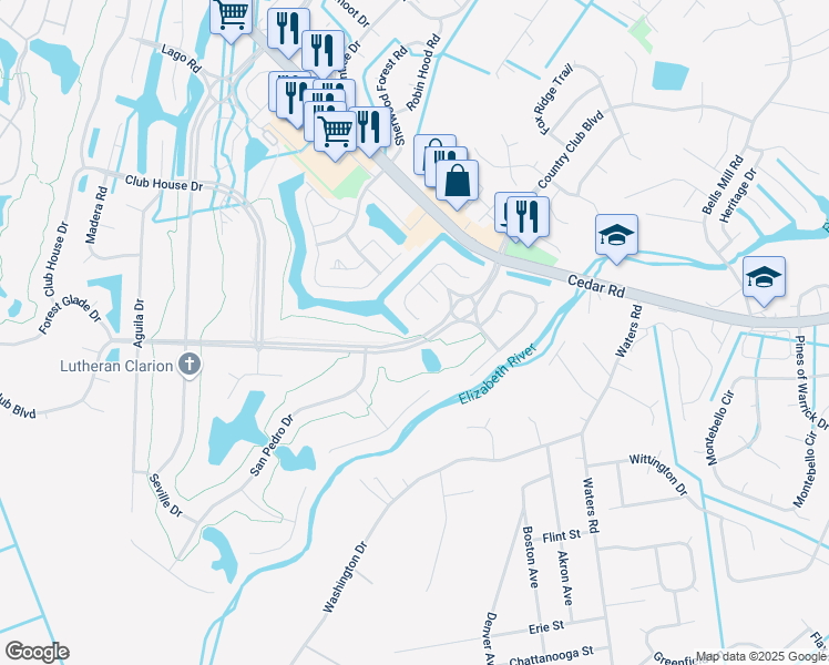 map of restaurants, bars, coffee shops, grocery stores, and more near 460 San Roman Drive in Chesapeake