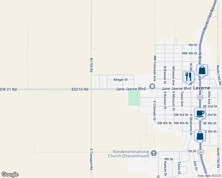 map of restaurants, bars, coffee shops, grocery stores, and more near Jane Jayroe Boulevard in Laverne