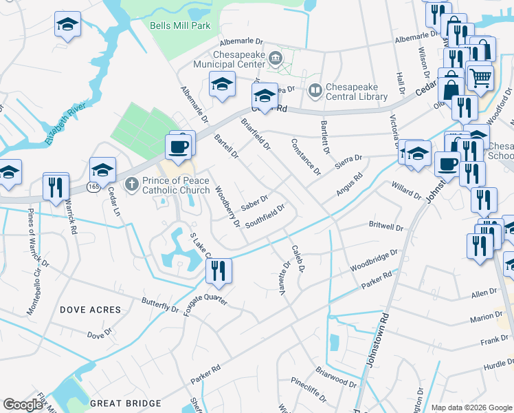 map of restaurants, bars, coffee shops, grocery stores, and more near 517 Saber Drive in Chesapeake
