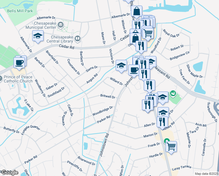 map of restaurants, bars, coffee shops, grocery stores, and more near 220 Hallbridge Dr in Chesapeake