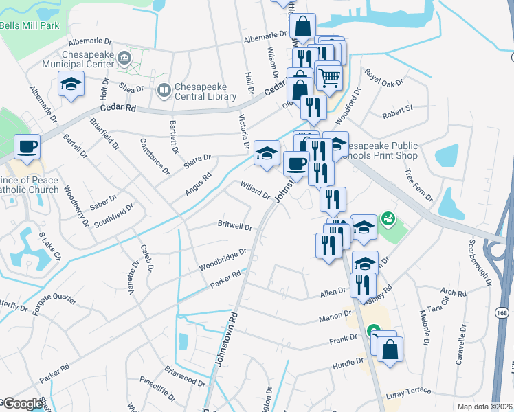 map of restaurants, bars, coffee shops, grocery stores, and more near 213 Hallbridge Drive in Chesapeake