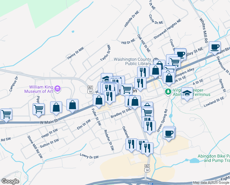 map of restaurants, bars, coffee shops, grocery stores, and more near 266 Valley Street Northwest in Abingdon