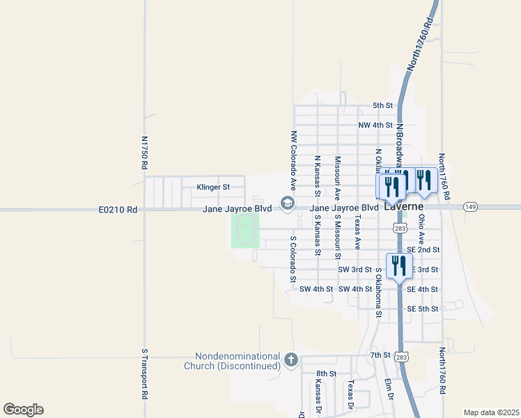 map of restaurants, bars, coffee shops, grocery stores, and more near Jane Jayroe Boulevard in Laverne