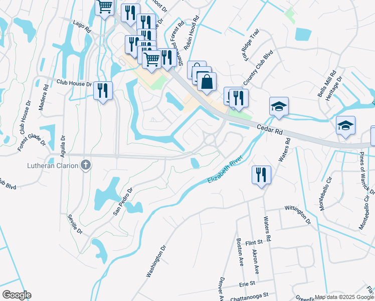 map of restaurants, bars, coffee shops, grocery stores, and more near 460 San Roman Drive in Chesapeake