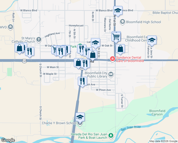 map of restaurants, bars, coffee shops, grocery stores, and more near 408 West Maple Avenue in Bloomfield