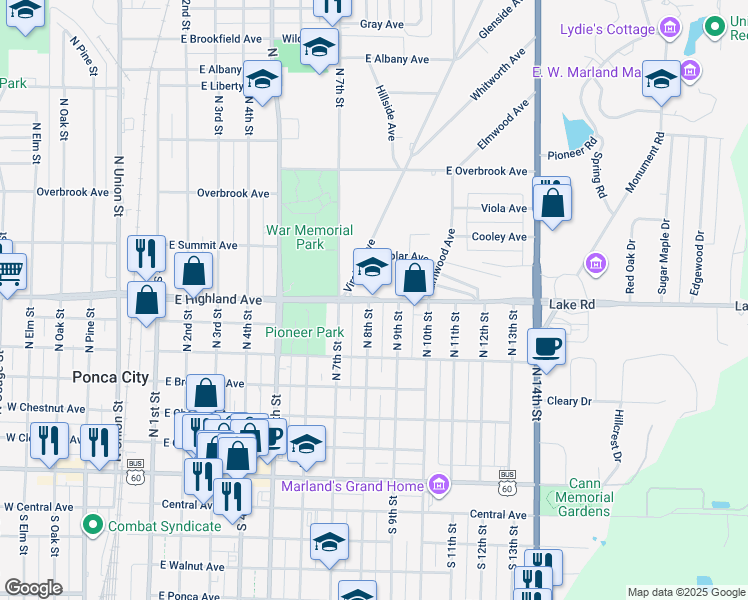map of restaurants, bars, coffee shops, grocery stores, and more near 815 East Highland Avenue in Ponca City