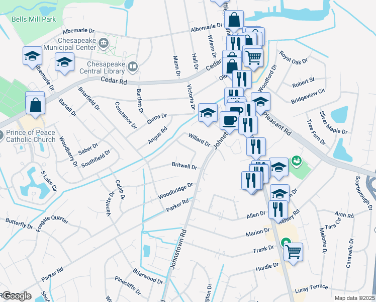 map of restaurants, bars, coffee shops, grocery stores, and more near 220 Hallbridge Dr in Chesapeake