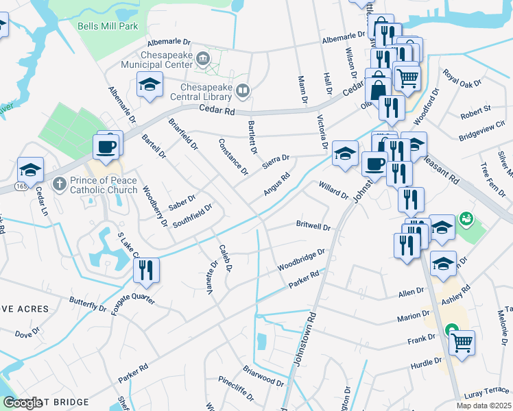 map of restaurants, bars, coffee shops, grocery stores, and more near 343 Angus Road in Chesapeake
