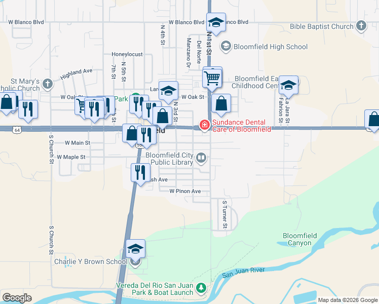 map of restaurants, bars, coffee shops, grocery stores, and more near 107 South 2nd Street in Bloomfield