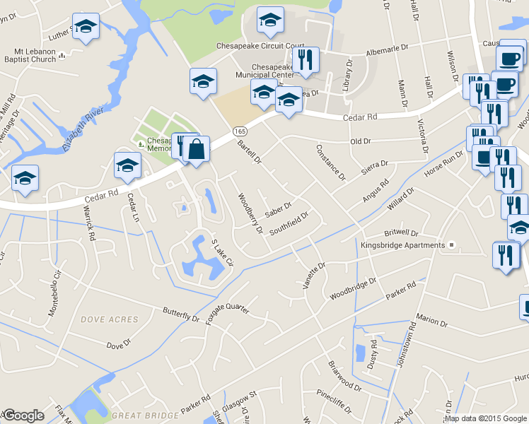 map of restaurants, bars, coffee shops, grocery stores, and more near 528 Saber Dr in Chesapeake