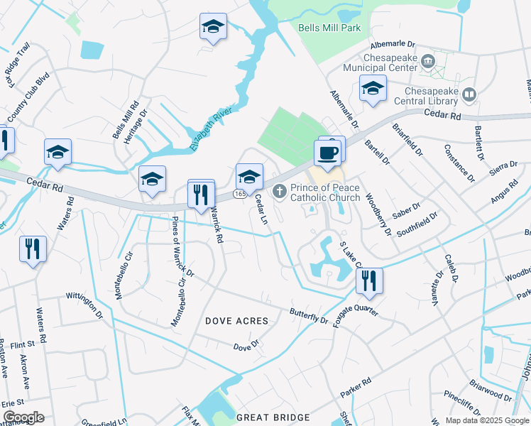map of restaurants, bars, coffee shops, grocery stores, and more near 311 Cedar Lane in Chesapeake