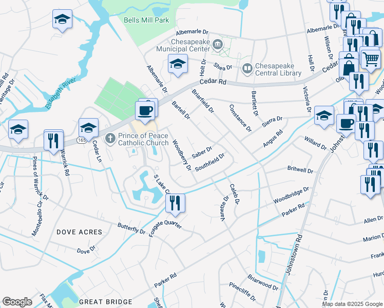 map of restaurants, bars, coffee shops, grocery stores, and more near 528 Saber Dr in Chesapeake