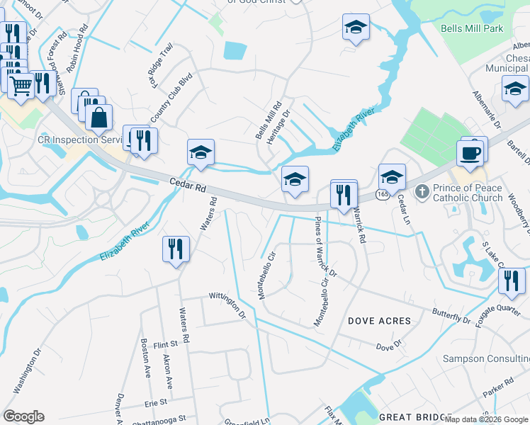 map of restaurants, bars, coffee shops, grocery stores, and more near 424 Charleston Street in Chesapeake