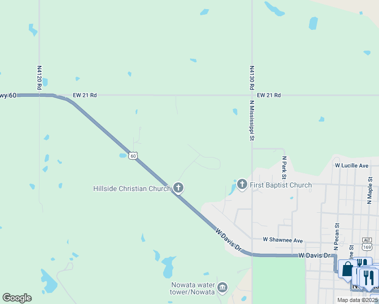 map of restaurants, bars, coffee shops, grocery stores, and more near 615 Turner Lane in Nowata