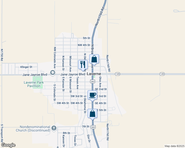 map of restaurants, bars, coffee shops, grocery stores, and more near in Laverne