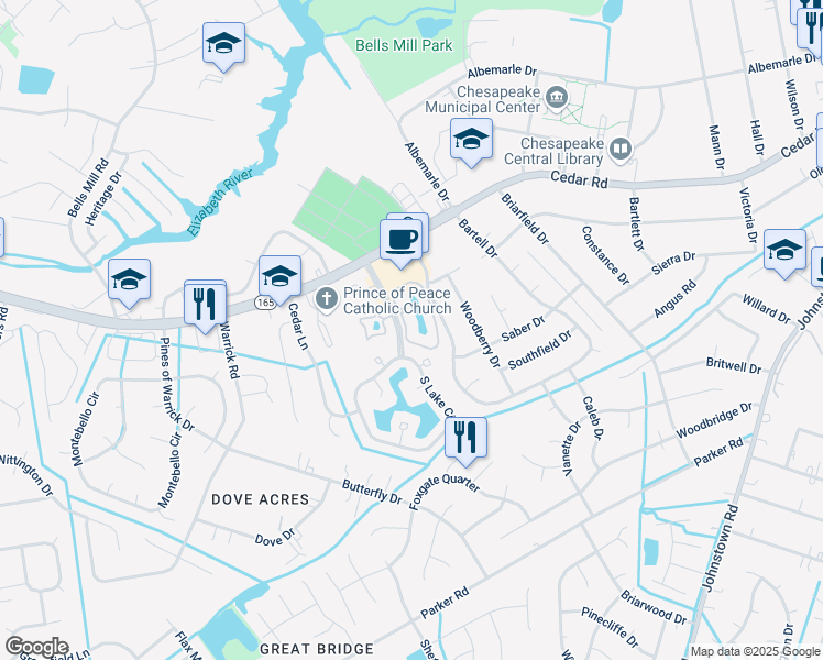 map of restaurants, bars, coffee shops, grocery stores, and more near 535 East Lake Circle in Chesapeake