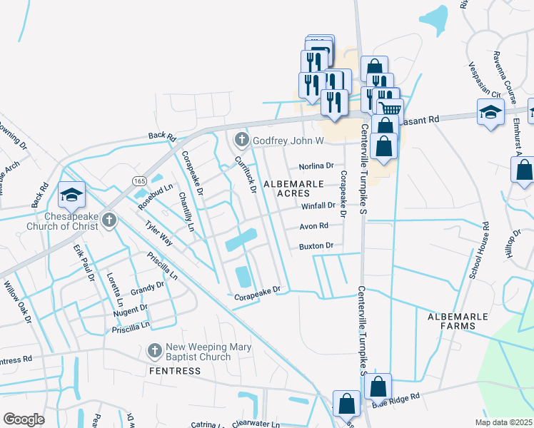 map of restaurants, bars, coffee shops, grocery stores, and more near 1399 Winfall Drive in Chesapeake