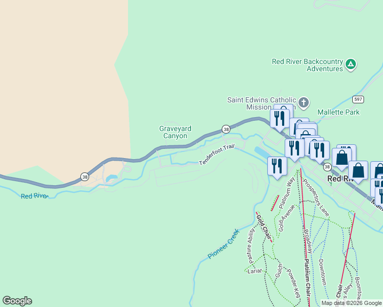 map of restaurants, bars, coffee shops, grocery stores, and more near 100 East Main Street in Red River