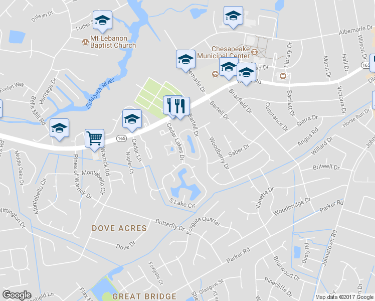 map of restaurants, bars, coffee shops, grocery stores, and more near 535 East Lake Circle in Chesapeake