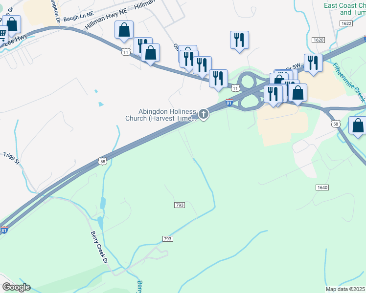 map of restaurants, bars, coffee shops, grocery stores, and more near 16476 Lindy Drive in Abingdon