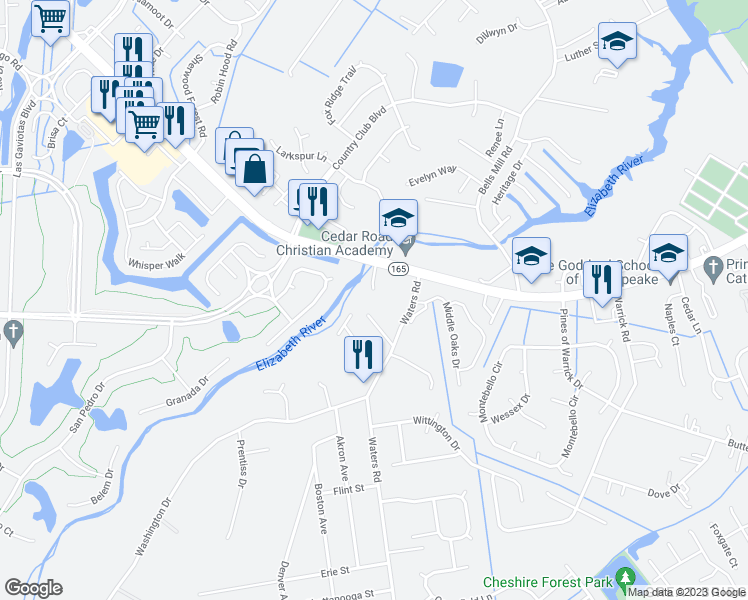 map of restaurants, bars, coffee shops, grocery stores, and more near 933 Cedar Road in Chesapeake