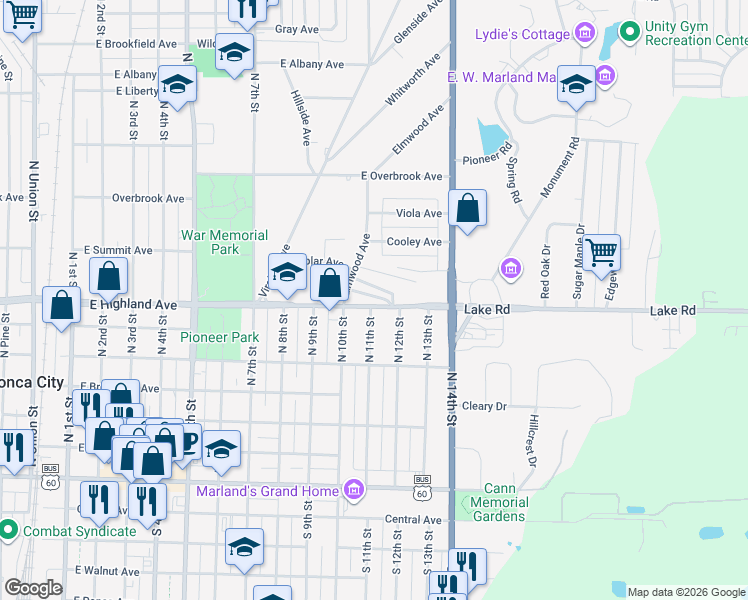 map of restaurants, bars, coffee shops, grocery stores, and more near 1101 East Highland Avenue in Ponca City