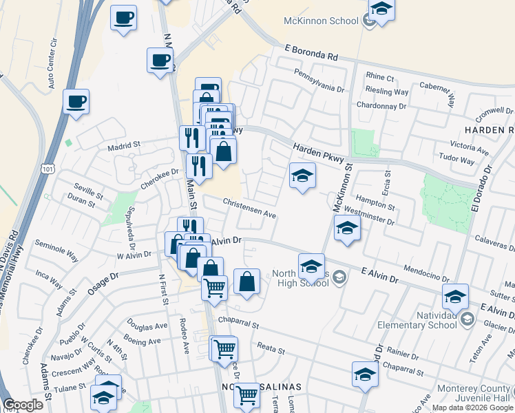 map of restaurants, bars, coffee shops, grocery stores, and more near 144 Christensen Avenue in Salinas