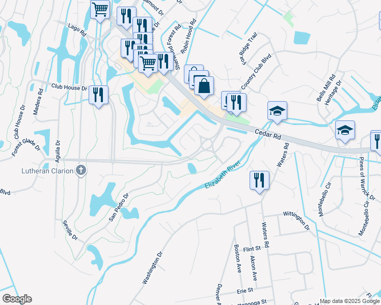 map of restaurants, bars, coffee shops, grocery stores, and more near 475 San Roman Drive in Chesapeake