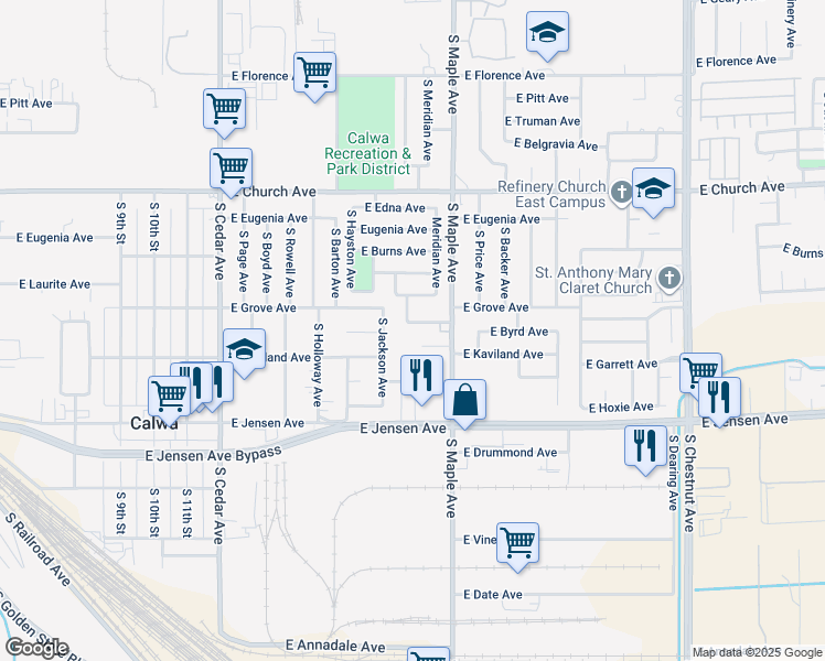 map of restaurants, bars, coffee shops, grocery stores, and more near 2532 South Maple Avenue in Fresno
