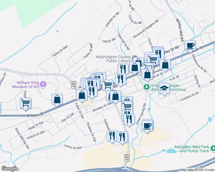 map of restaurants, bars, coffee shops, grocery stores, and more near in Abingdon