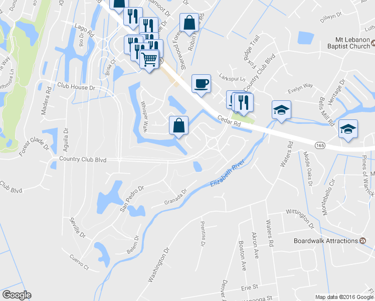 map of restaurants, bars, coffee shops, grocery stores, and more near 460 San Roman Drive in Chesapeake