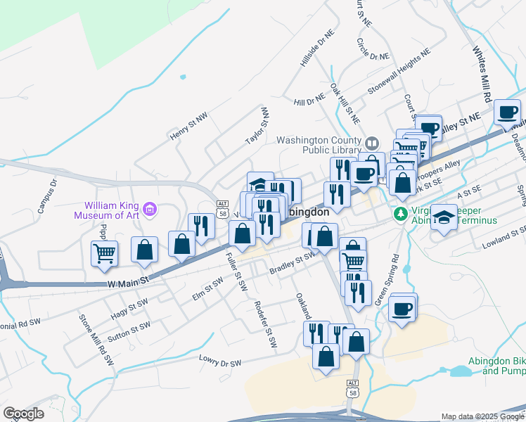 map of restaurants, bars, coffee shops, grocery stores, and more near 266 Valley Street Northwest in Abingdon