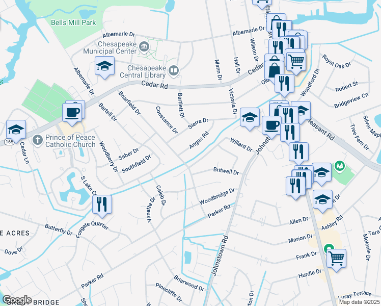 map of restaurants, bars, coffee shops, grocery stores, and more near 343 Angus Road in Chesapeake