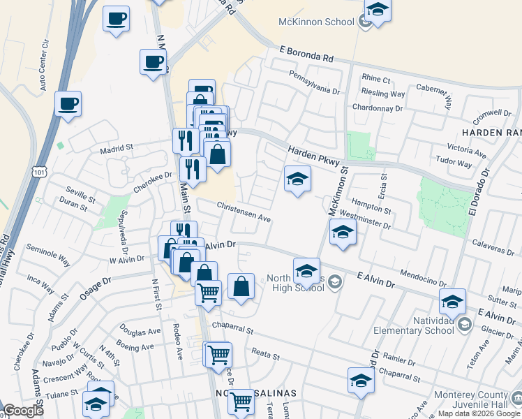 map of restaurants, bars, coffee shops, grocery stores, and more near 144 Christensen Avenue in Salinas