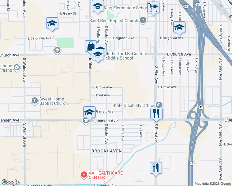 map of restaurants, bars, coffee shops, grocery stores, and more near 1224 East Byrd Avenue in Fresno