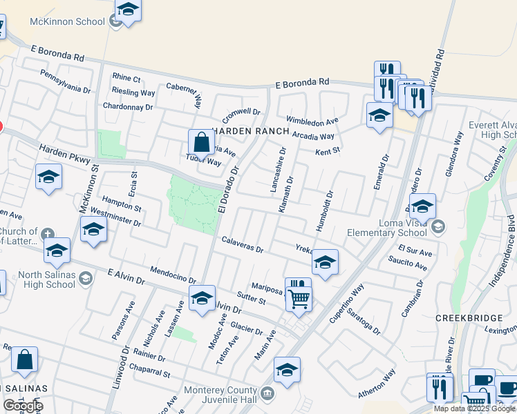 map of restaurants, bars, coffee shops, grocery stores, and more near 1686 Siskiyou Drive in Salinas