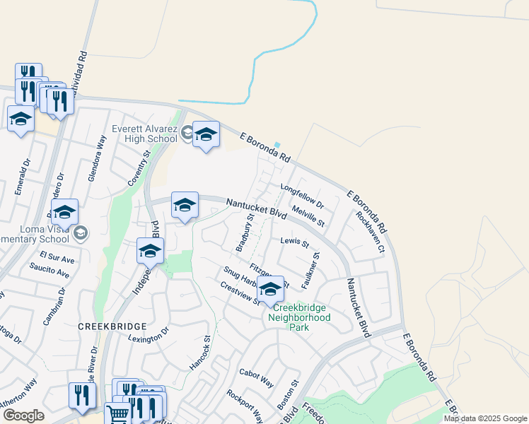 map of restaurants, bars, coffee shops, grocery stores, and more near 986 Nantucket Boulevard in Salinas