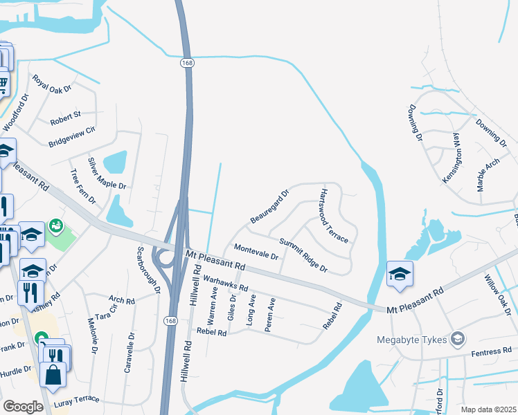 map of restaurants, bars, coffee shops, grocery stores, and more near 444 Beauregard Drive in Chesapeake