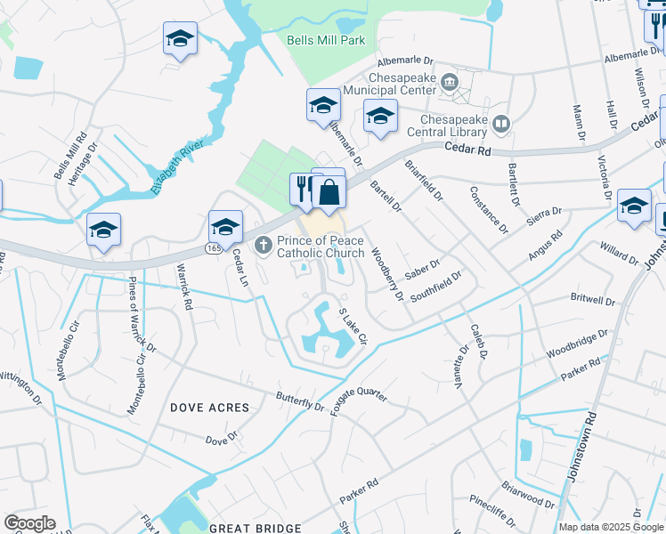 map of restaurants, bars, coffee shops, grocery stores, and more near 513 East Lake Circle in Chesapeake