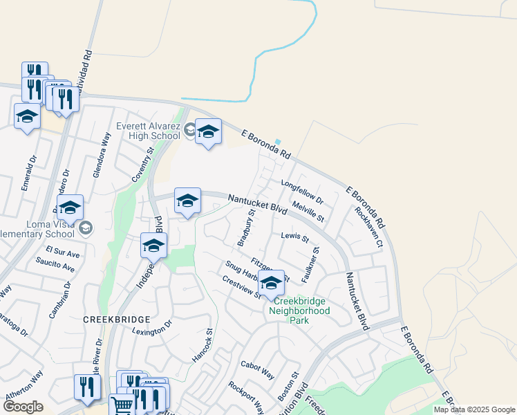 map of restaurants, bars, coffee shops, grocery stores, and more near 1898 Bradbury Street in Salinas